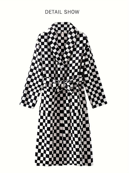 Ultra-Cozy Men's Fleece Robe - Comfy Checkerboard Pattern Shawl Collar Kimono Night-Robe with Pockets for Relaxation - Soft, Plush, and Warm Home Pajamas for Men