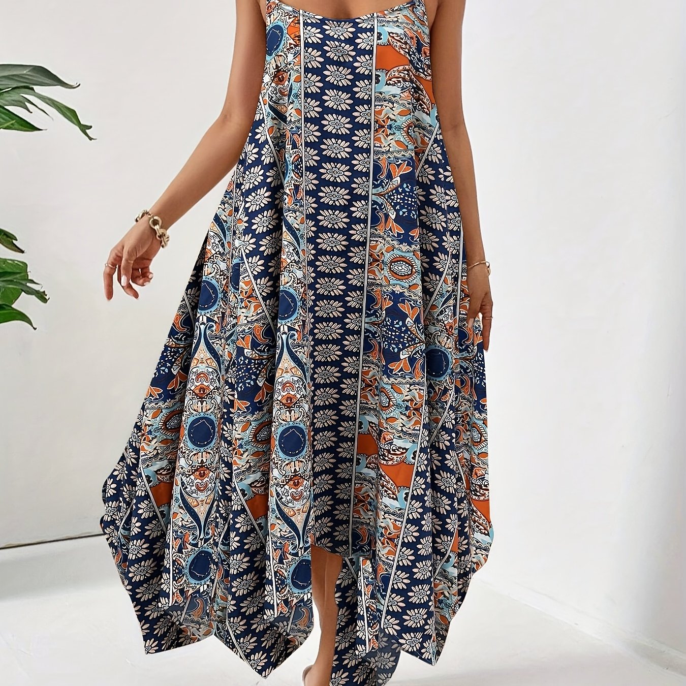Vibrant Tropical Print Slingback Dress - Sleeveless, Loose-Fit, Casual Polyester Spaghetti Strap Cami Dress for Women - Perfect for Spring and Summer Vacation