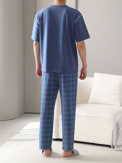 2 Pcs Mens Pajama Sets - Stylish Letter Pattern Print Short Sleeve T-shirts & Soft Plaid Pants, Gentle Style for Comfortable Summer Loungewear, Perfect for Mens Cozy Relaxation