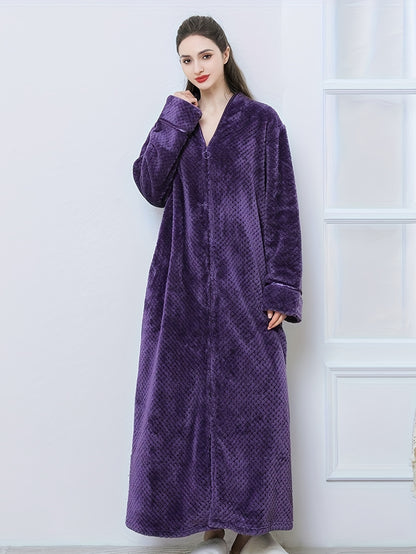 Cozy Longline Flannel Night Robe - Women's Sleepwear, Soft Thickened Casual Long Sleeve Zipper V Neck Sleep Robe for Cold Winter Nights, Plush Comfortable Loungewear for Relaxation