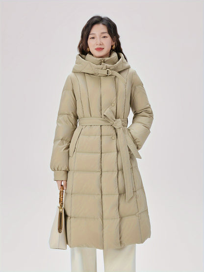 Mid Length Hooded Warm Coat, Elegant Long Sleeve Winter Outerwear, Women's Clothing