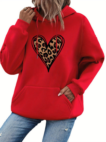 Women's Heart Print Kangaroo Pocket Casual Hoodie - Long Sleeve Drawstring Sweatshirt with Relaxed Fit, Soft Fabric, and Cozy Design for Everyday Wear