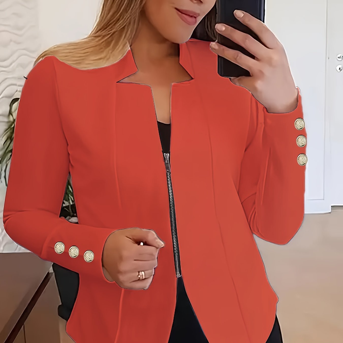 Fashionable Womens Solid Zip-Up Jacket with Button Detail - Comfy Long Sleeves, Casual Style - Premium Clothing Wardrobe Staple