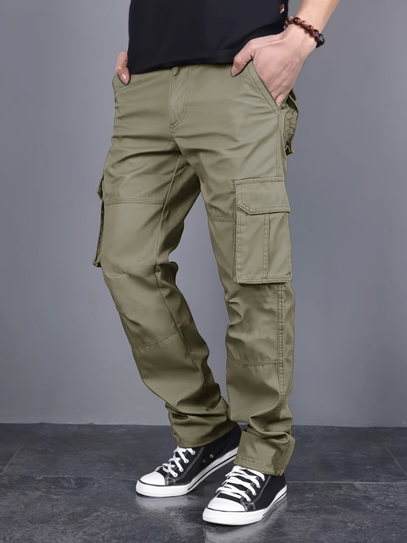 Mens Loose Fit Solid Color Cargo Pants - Multi-Pocket Drawstring Trousers for Weekend Casual - Polyester, Non-Stretch, Mid Waist, Regular Length, Hand Washable