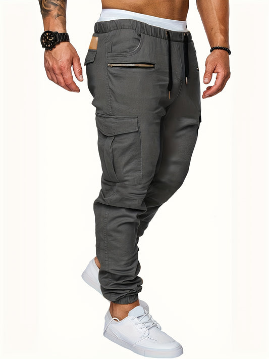 Men's Comfort-Fit Cargo Joggers - Drawstring, Stretch, Flap Pocket - Ideal for Spring & Autumn Casual Wear