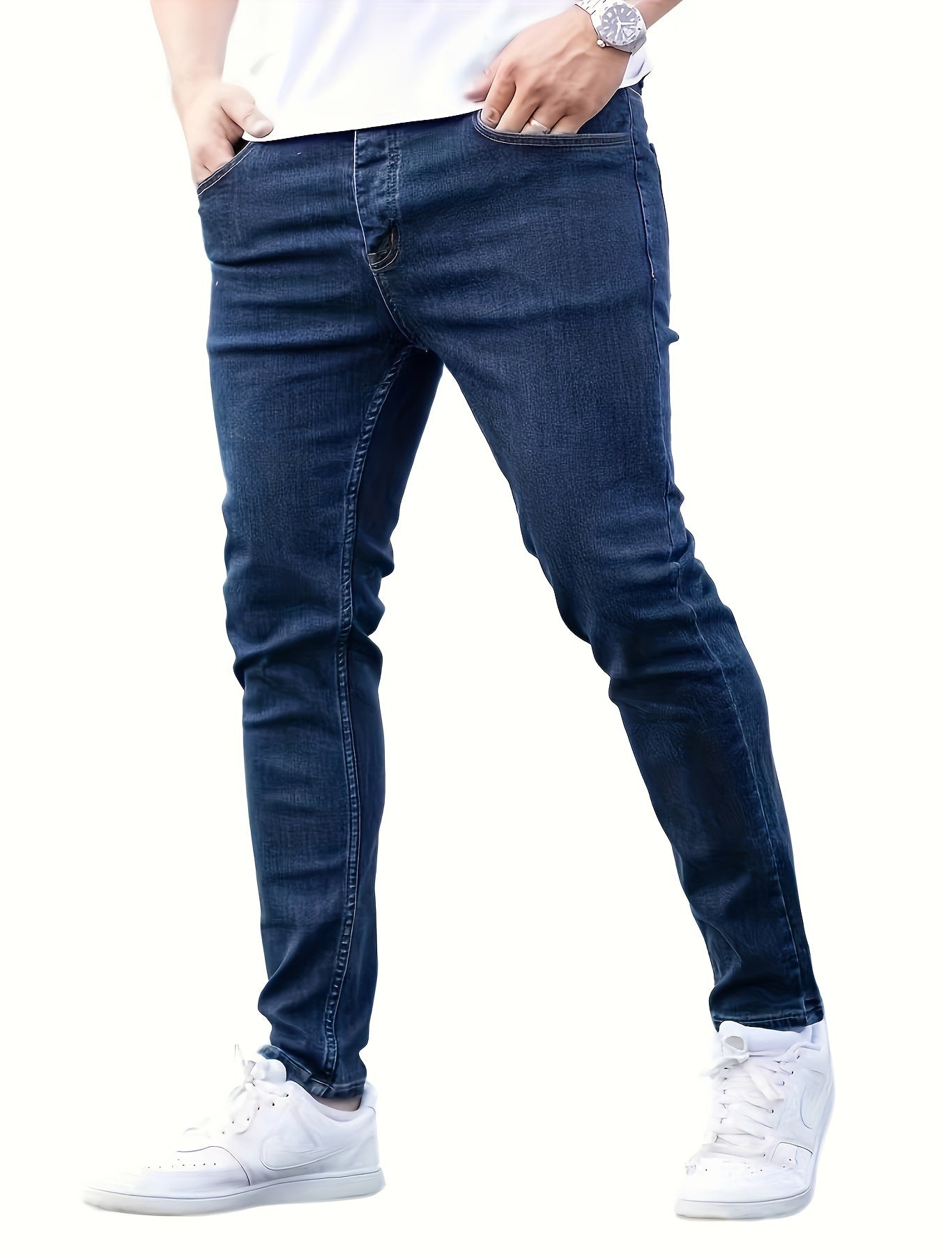 Men's Solid Cotton Blend Slightly Stretch Jeans, Chic Street Style Slim Fit Bottoms For Men, All Seasons