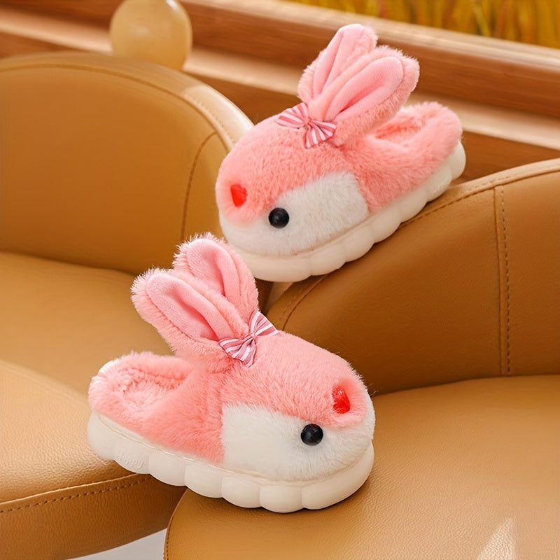 Cute Cartoon Rabbit Plush Slippers for Boys and Girls - Casual Street Style Animal Print Footwear with Bow Detail, Warm Fabric Lined Indoor House Shoes for Toddlers and Kids - Non-Slip PVC Sole, Comfortable Round Toe - Ideal for Daily Casual Wear, All Sea