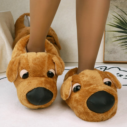 Cartoon Dog Plush Slippers 2 Pairs Set, Unisex Novelty Animal Slip-on Indoor House Shoes, Warm Fabric Lined Couples & Family Interactive Footwear, Perfect for Valentine's & Holiday Gifts