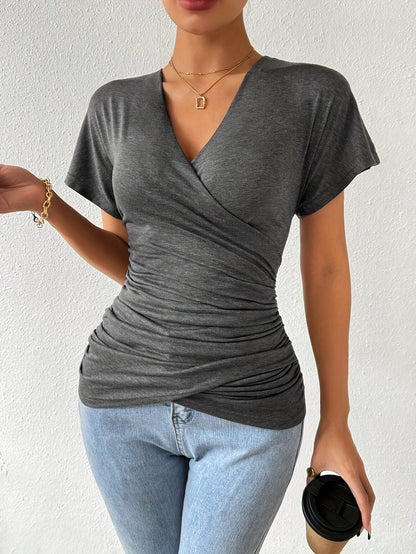 Vibrant Solid Color V-Neck Asymmetrical Ruched T-Shirt - Soft Micro Elastic Polyester Fabric, Casual Short Sleeve Slim Fit, Perfect for Summer & Spring - Womens Regular Length Knit Top