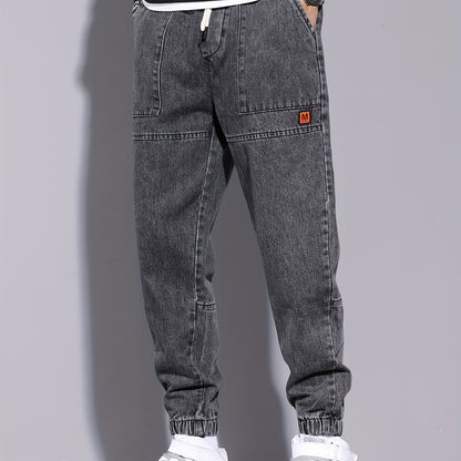 Men's Solid Denim Joggers With Pockets, Casual Cotton Blend Jeans For Outdoor Activities Gift