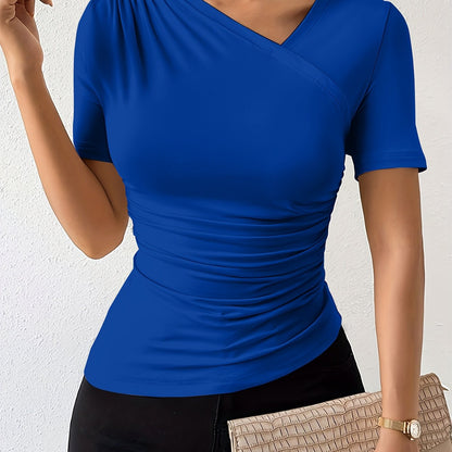 Womens Solid Color Asymmetrical T-Shirt with Ruched Neckline - Chic, Slim-Fitting & Trendy Short Sleeve Top for a Flattering Look