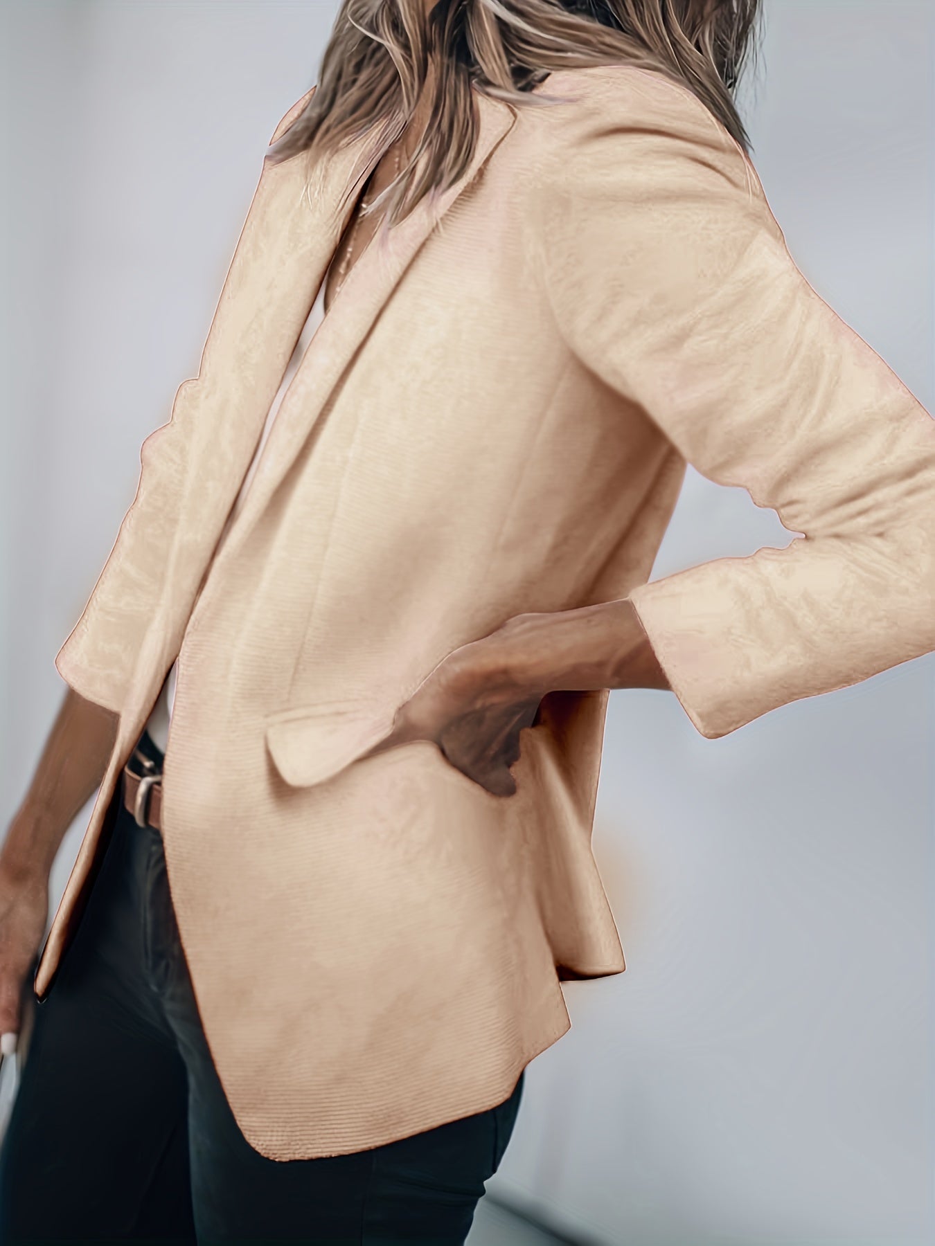 Long Sleeve Solid Color Elegant Blazer - Classic Lapel Collar, Machine Washable, Polyester Material, Regular Length, No Belt, Buttonless Placket - Perfect for Work, Office, and Spring/Summer/Fall Seasons