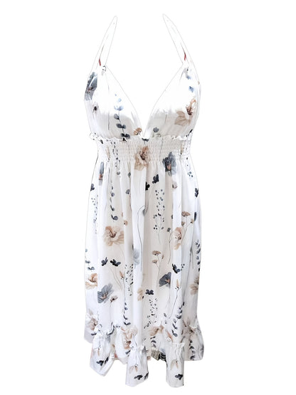 Romantic Floral Print Spaghetti Strap Dress - Alluring Shirred Bodice & Playful Ruffle Hem - Perfect Womens Summer Fashion