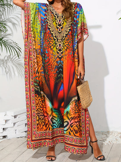 Plus Size Womens Vibrant Tribal Print V Neck Boho Chic Loose Fit Short Sleeve Kaftan Dress for Vacay Beach Cover Up - Soft Non-Stretch Polyester Fabric, Split Details, Pullover Design, Random Printing - Perfect for Curvy Ladies