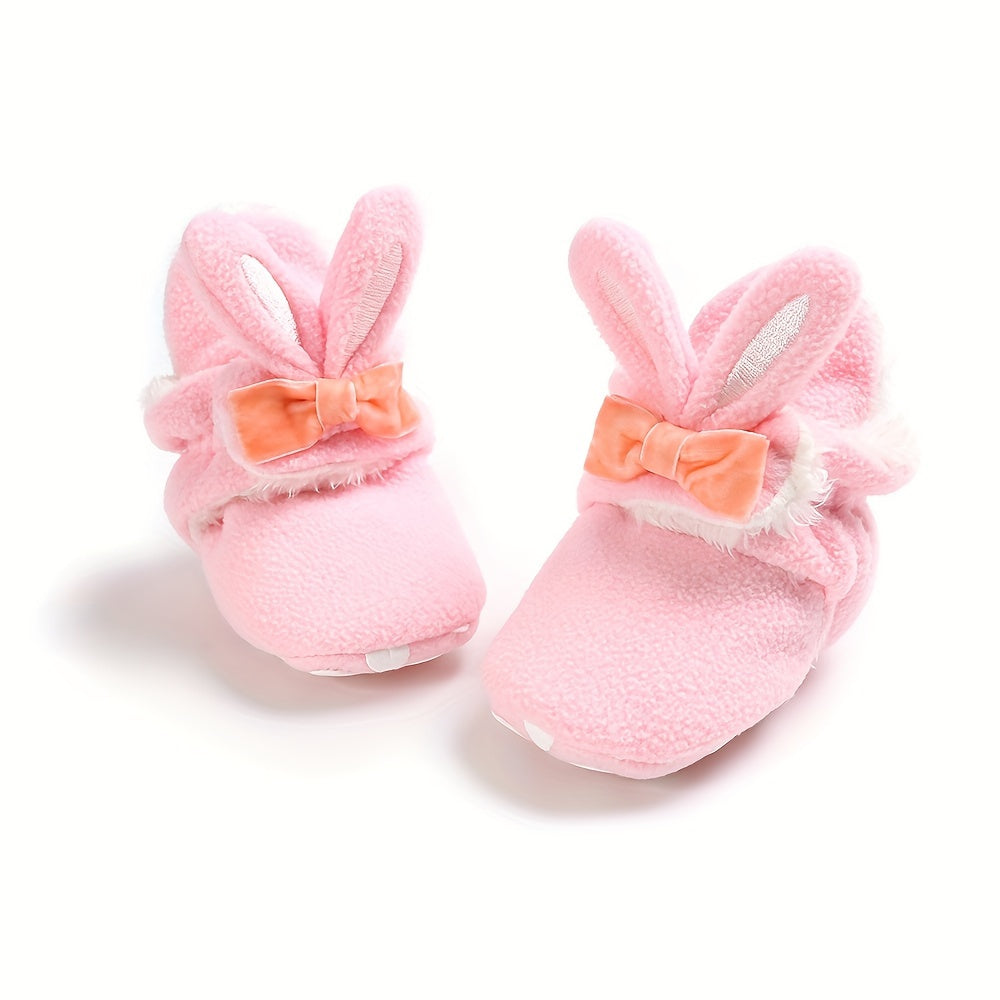 Myggpp Cute Bunny Ear Infant Booties - Casual & Party Ankle-High Walking Shoes with Hook and Loop Fastener, Soft Fabric Upper and Inner Sole, Round Toe, Solid Color with Cartoon Design for Boys and Infants, Suitable for All Seasons