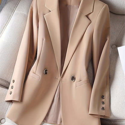 Long Sleeve Elegant Double-Breasted Pea Coat Blazer - Micro Elasticity, Polyester Material, Machine Washable, Regular Length, Solid Color - Perfect for Office and Work, Womens Clothing