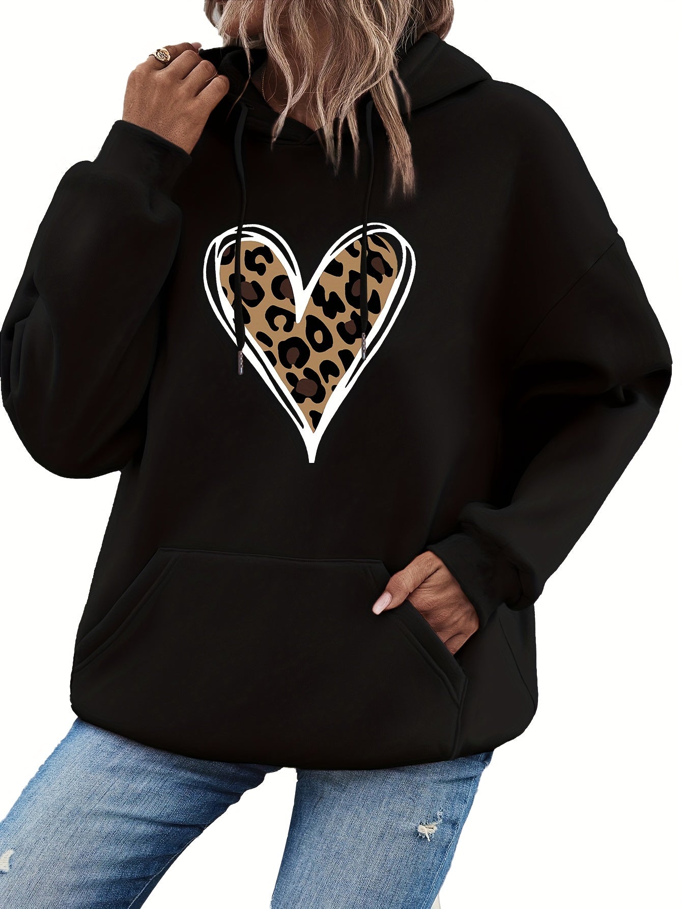 Women's Heart Print Kangaroo Pocket Casual Hoodie - Long Sleeve Drawstring Sweatshirt with Relaxed Fit, Soft Fabric, and Cozy Design for Everyday Wear