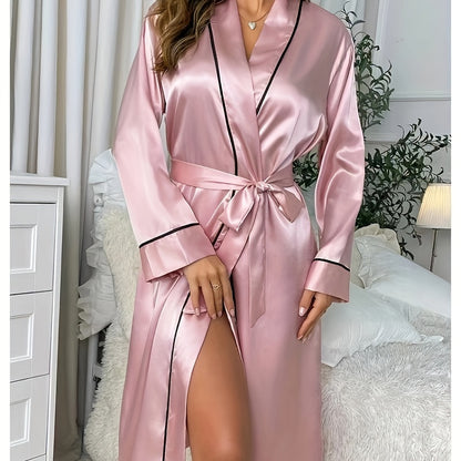 Elegant Satin Women's Robe - Lightweight, Long Sleeve with Belt & Pockets, Perfect for Home Spa & Bathroom Use