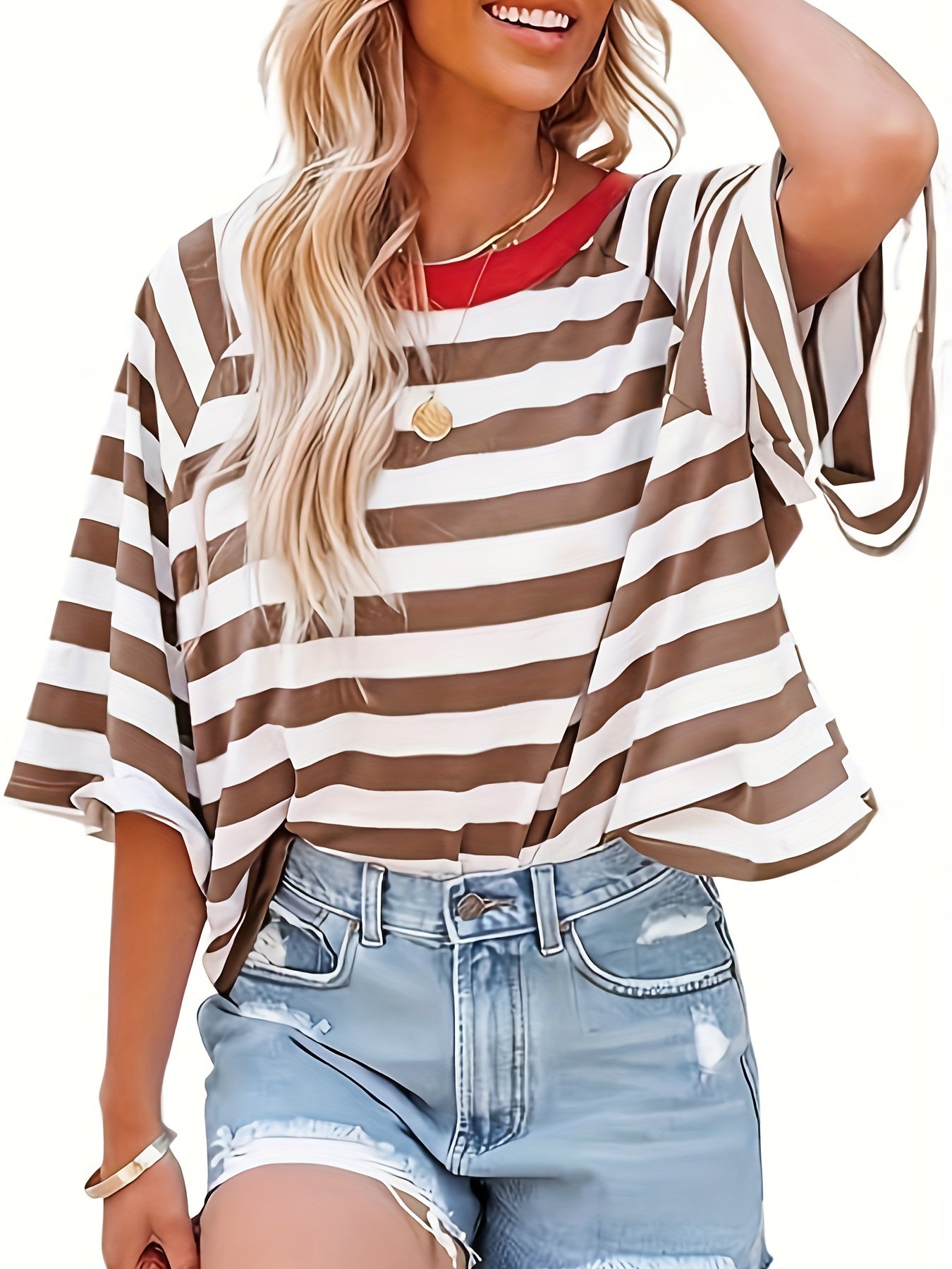 Short Sleeve Striped Raglan T-Shirt - Loose Fit, Medium Stretch, Crew Neck, Half Sleeve, Summer Fashion - Machine Washable, Polyester Knit Fabric, Y2K Style, Random Printing