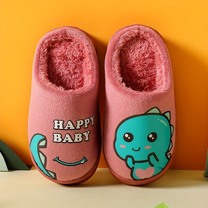 Happy Baby Cartoon Dinosaur Slippers for Kids: Soft Fleece, Rubber Sole, and Adorable Design for Boys and Girls Aged 14 and Under