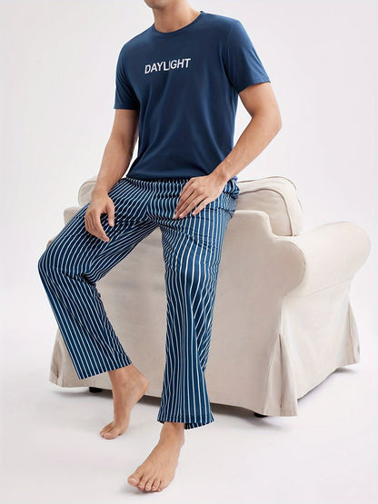 Men's Casual Crew Neck Short Sleeve Pajama Set with Striped Pants, 100% Polyester Knit Fabric, Slight Stretch, All Season Comfort Sleepwear Set