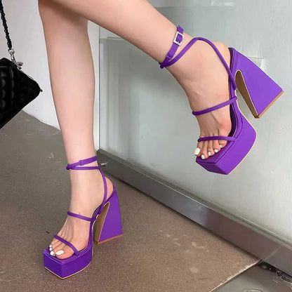 Dress Shoes New high heels womens sandals square open toe pump platform shoes red and blue thin straps sexy fashion designer party dress H240527