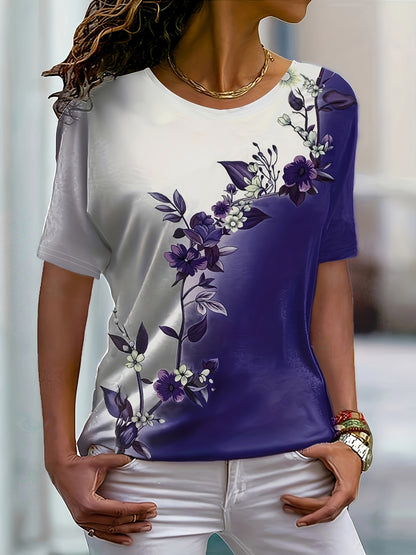 Floral Print Colorblock Crew Neck T-Shirt, Casual Short Sleeve Top For Spring & Summer, Women's Clothing