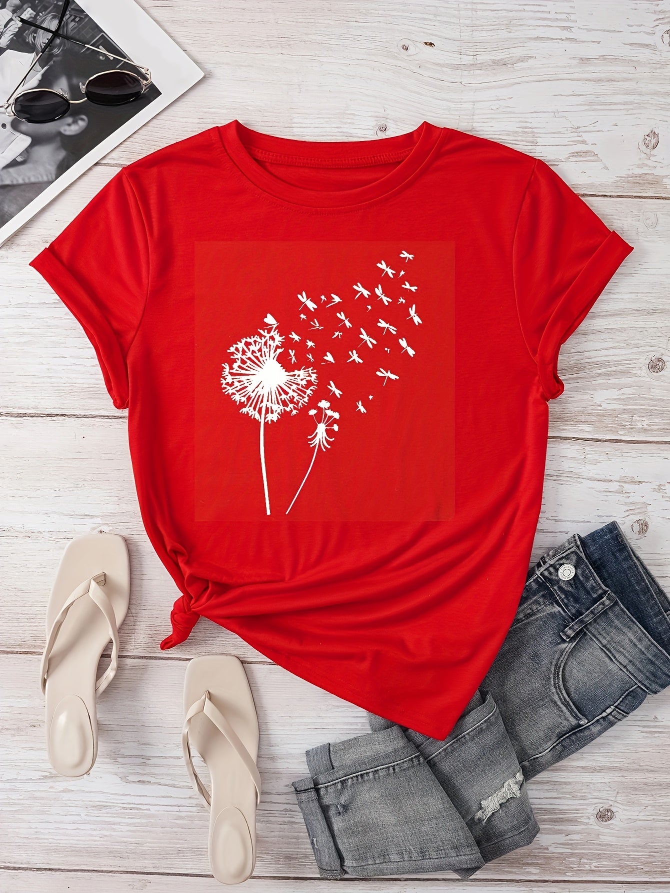 Vibrant Dandelion Print Crew Neck T-Shirt - Soft Micro Elasticity Polyester Fabric, Casual Short Sleeve Top for Spring & Summer, Womens Regular Fit Clothing with Random Plant Pattern