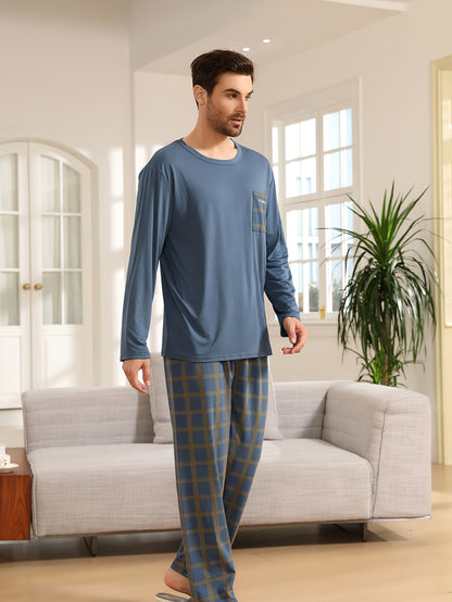 Men's Cozy Plaid Pajama Set - Long Sleeve & Pants, Round Neck Pullover, Casual Loungewear for Spring/Fall, Machine Washable