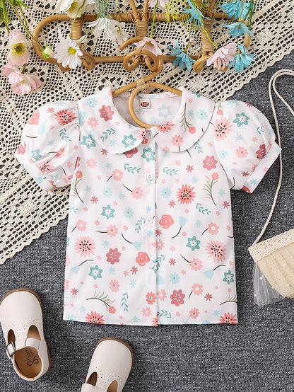 Cute Girls Ditsy Floral Lapel Collar Short Sleeve Shirt - Loose Fit, Non-Stretch Polyester, Hand Wash Only, Perfect for Spring and Summer - Adorable Blouse for Little Ladies