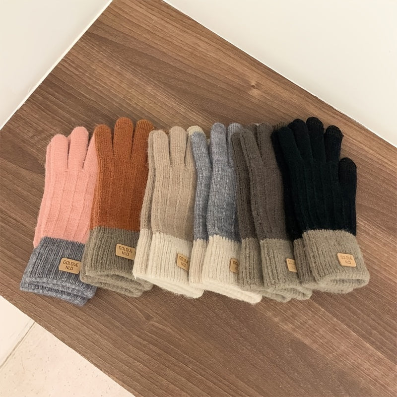 1 Pair of Cozy Two-Tone Winter Knitted Full Finger Gloves - Warm, Letter Patched, Soft, and Stretchy for Womens Cold Weather Protection - Perfect for Outdoor Activities