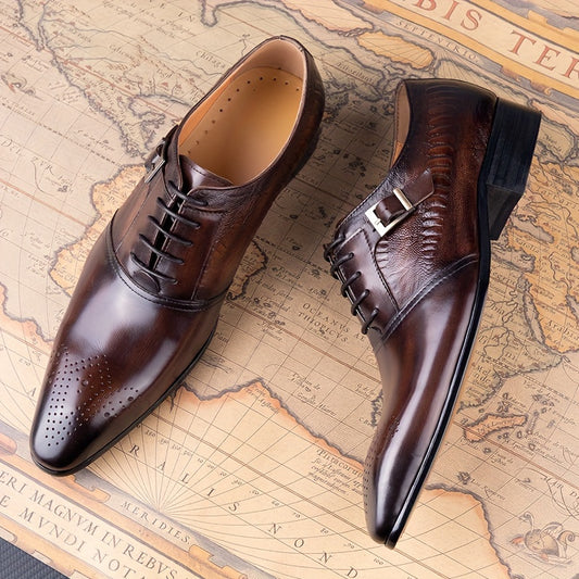 Men's Retro Style Brogue Oxfords With Top Leather Uppers, Wear-resistant Non Slip Lace-up Dress Shoes For Business Office Wedding Party