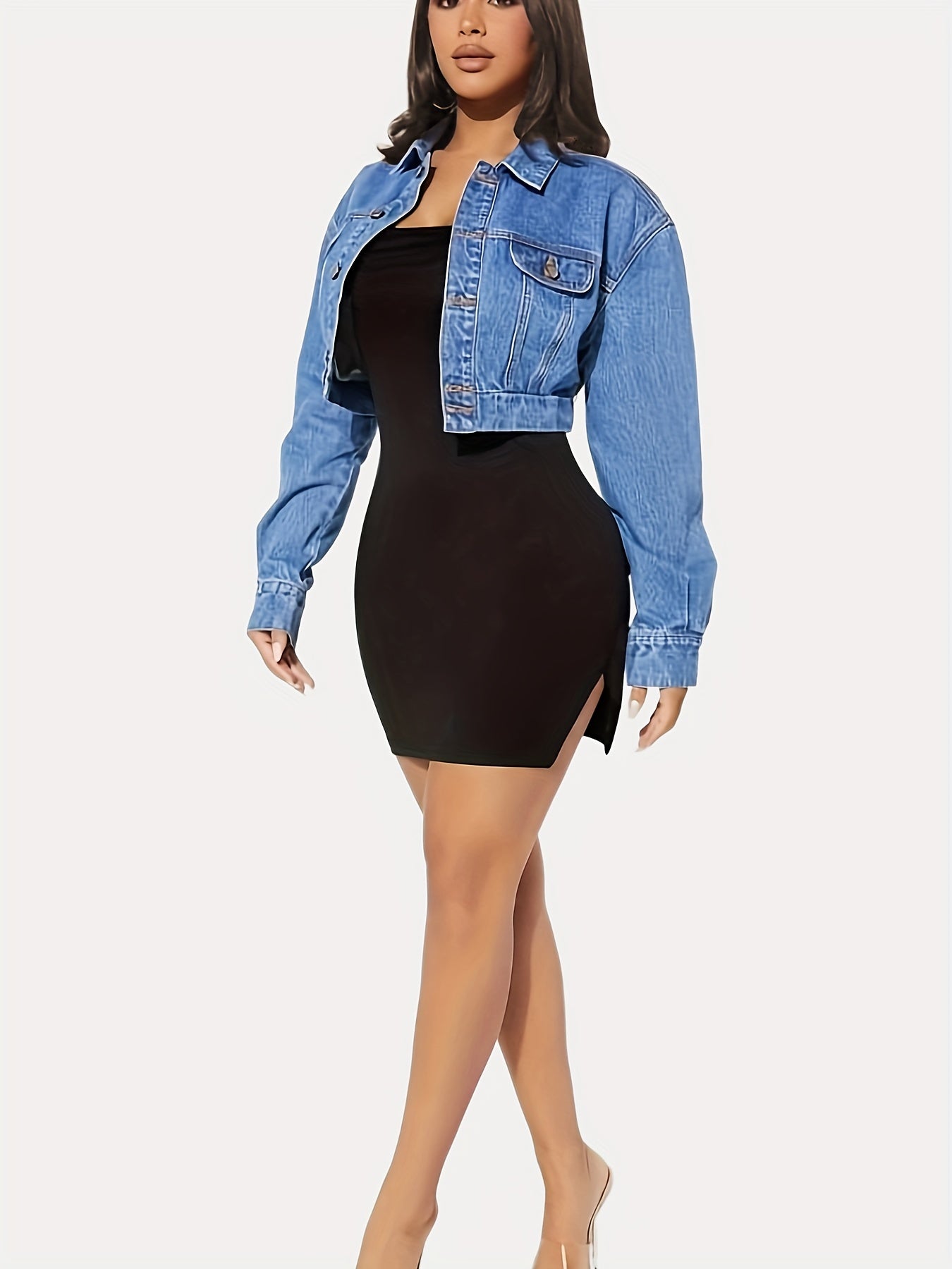 Women's Chic Collared Denim Jacket - Casual, Easy-Care, Long Sleeve, Single-Breasted Coat with Stylish Flap Design