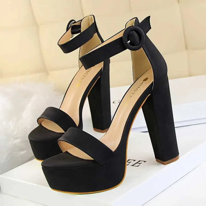 Dress Shoes Fashion Womens Pump Sandals Summer Sexy Platform Buckle PU 13.5CM Square Heel Outdoor Korean Black H240527