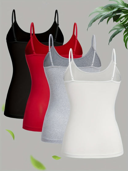 Solid Cami Top 4 Pack, Versatile Crew Neck Spaghetti Strap Top For Summer, Women's Clothing