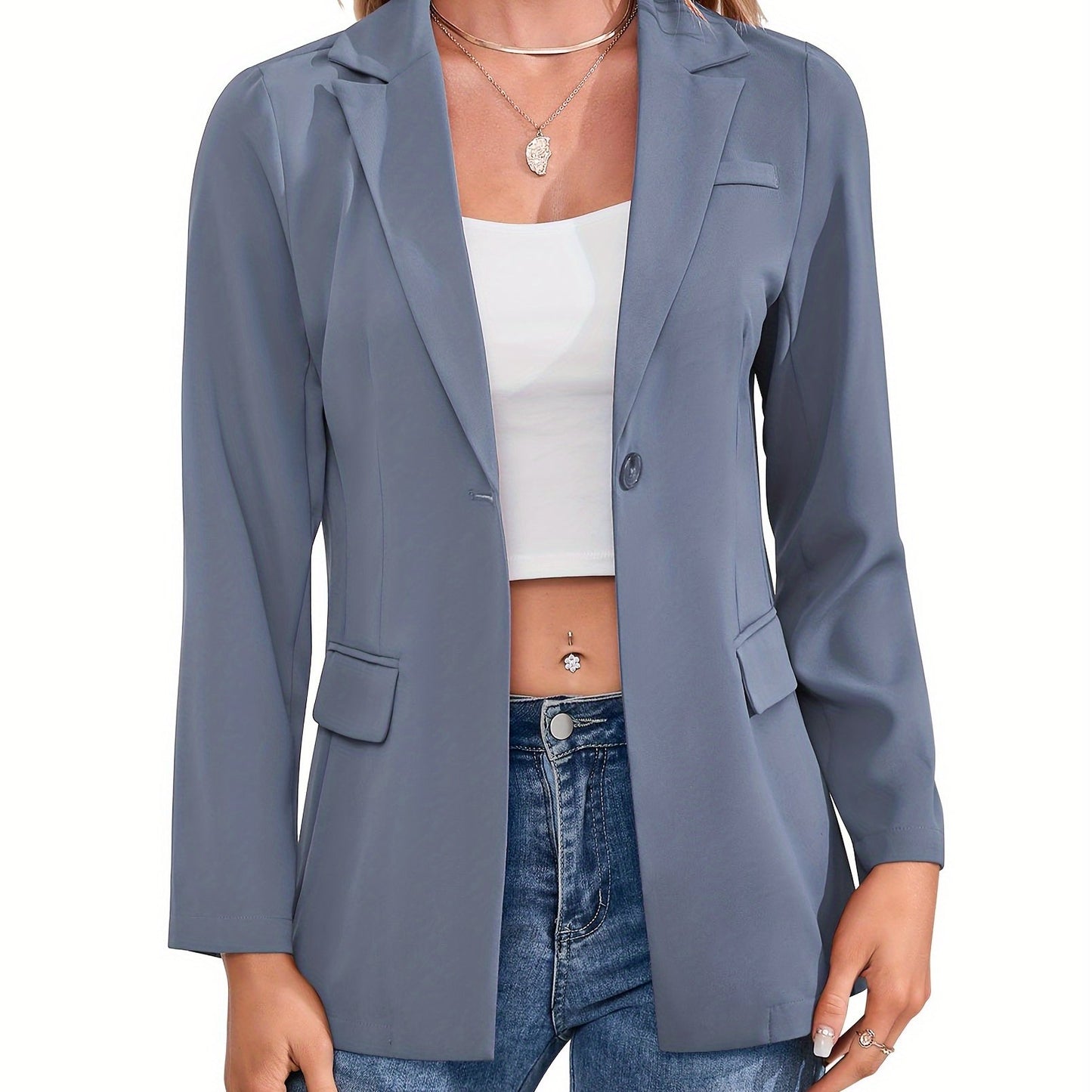 Solid Simple Button Front Blazer, Versatile Lapel Long Sleeve Blazer For Office & Work, Women's Clothing