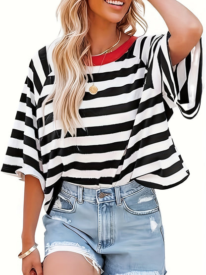 Short Sleeve Striped Raglan T-Shirt - Loose Fit, Medium Stretch, Crew Neck, Half Sleeve, Summer Fashion - Machine Washable, Polyester Knit Fabric, Y2K Style, Random Printing