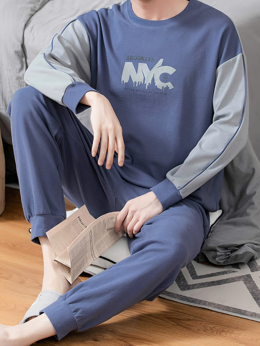 Men's Simple Style Casual Color Block Pajamas Sets, Letter Graphic Print Long Sleeve Crew Neck Top & Loose Pants Lounge Wear, Outdoor Sets For Spring Autumn