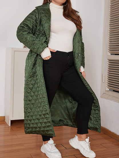 Plus Size Womens Charming Quilted Puffer Coat - Stylish Lapel Collar & Longline Design - Solid Color, Button-Up, Warm Winter Wear - Perfect for Casual Days, Sizes Above Regular