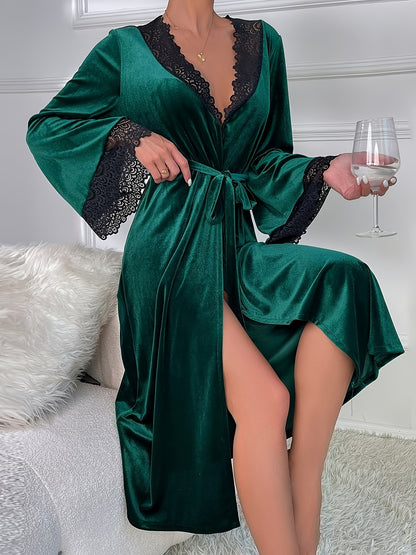 Elegant Velvet Lace Trim Lounge Robes, Comfy Long Sleeve V Neck Home Robe With Belt, Women's Loungewear & Sleepwear