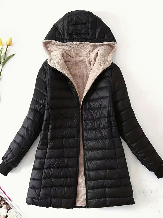 Womens Cozy Hooded Fleece Padded Jacket - Mid-thigh Slim Fit, Insulated for Warmth, Solid Color Casual Winter Coat - Perfect for Outdoor & Everyday Wear, Stylish Activewear