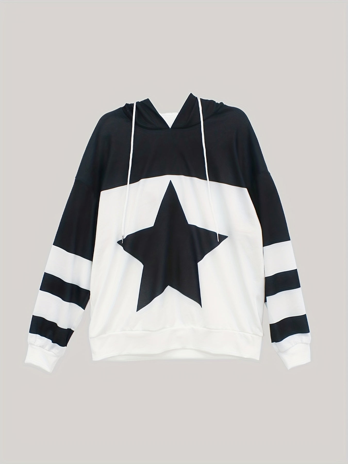 Star Print Color Block Hoodie, Casual Long Sleeve Drawstring Hoodies Sweatshirt, Women's Clothing