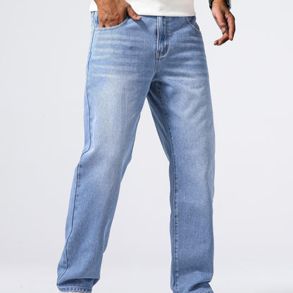 Men's Classic Design Loose Fit Distressed Jeans, Casual Street Style Denim Pants For The Four Seasons