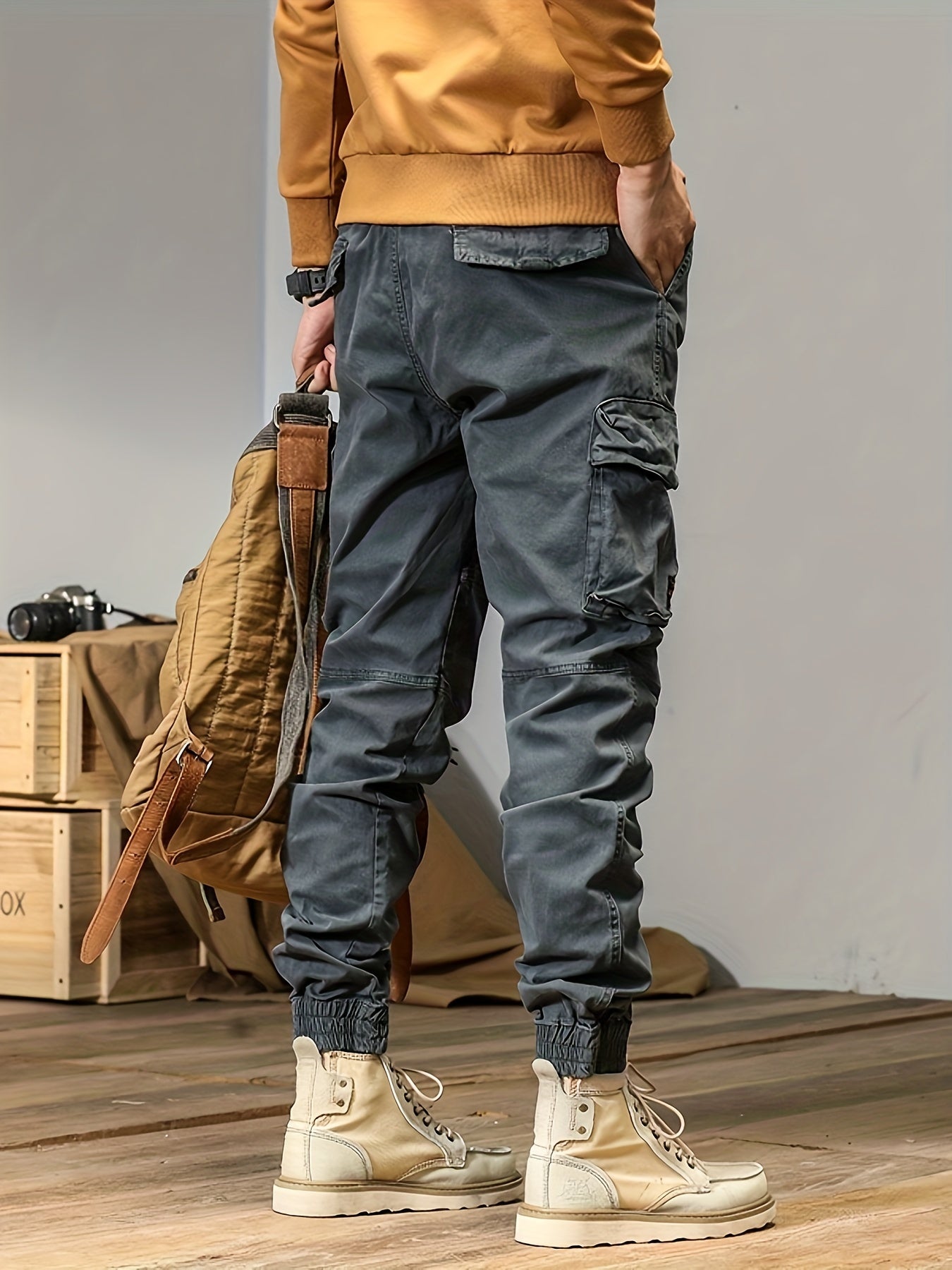 Regular Fit Solid Cotton Blend Cargo Pants - Multi Flap Pocket, Button Fly, Slight Stretch, Loose Casual Style - Ideal for Outdoor Work, Streetwear, and Hip Hop Fashion