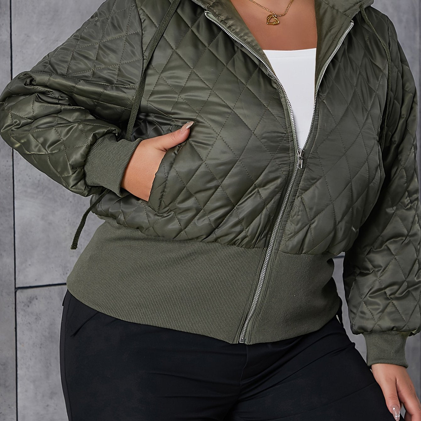 Plus Size Puffer Coat - Relaxed Fit, Solid Color, Quilted, Hooded, Drawstring, Long Sleeve, Zip-Up - Womens Plus Size, Everyday Casual Wear