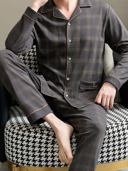 2 Pcs Men's Cotton Pajama Sets, Slight Stretch Long Sleeve Shirt & Pants, Fashion Design With Casual Brown Plaid, Comfortable & Gentle Style Pajamas For Men's Spring/Fall Cozy Loungewear