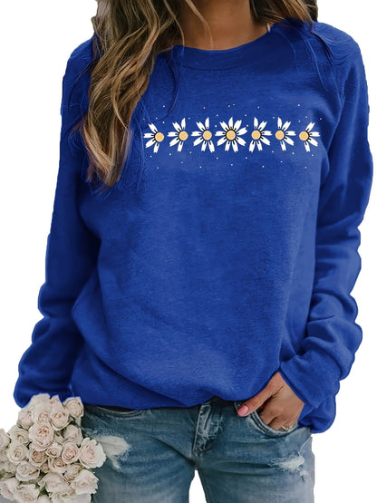 Long Sleeve Crew Neck Floral Print Casual Sweatshirt - Soft Cotton, Slight Stretch, Micro Elasticity, Raglan Sleeve - Perfect for Daily Wear in Spring, Summer, and Fall