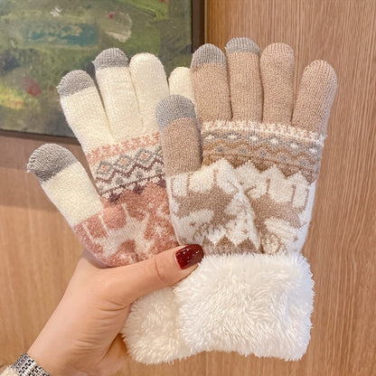 Plus Velvet Thickened Warm Gloves - Stretchy, Cute Deer Print, Touch Screen, Coldproof, Outdoor Cycling, Winter Warmth, Christmas Gift Idea