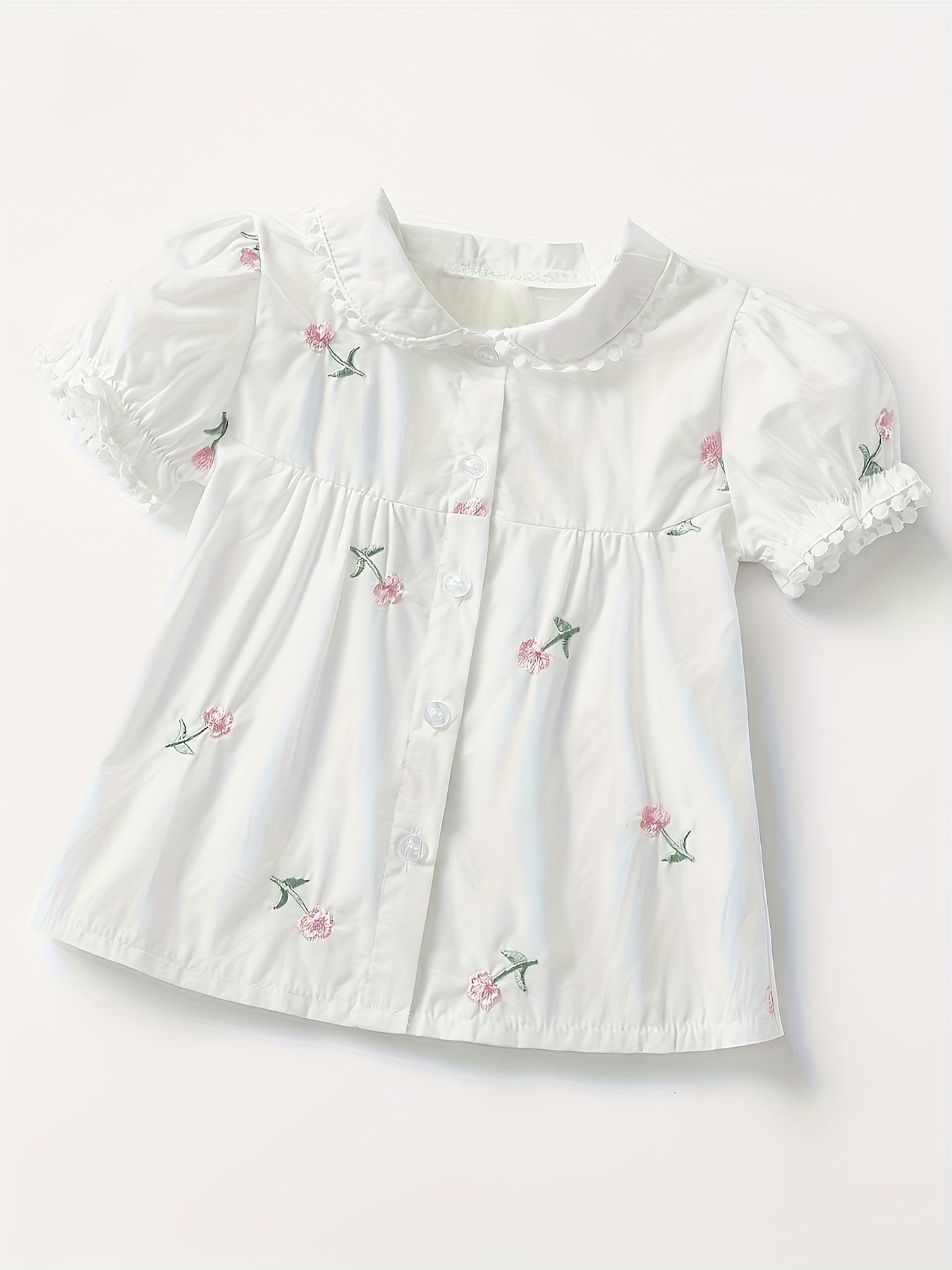 Cotton Girls Ditsy Floral Short Sleeve Blouse Shirt - Embroidered Lapel Collar, Regular Fit, Non-Stretch Fabric, Cute Doll Collar Design, Perfect for Summer Casual Wear