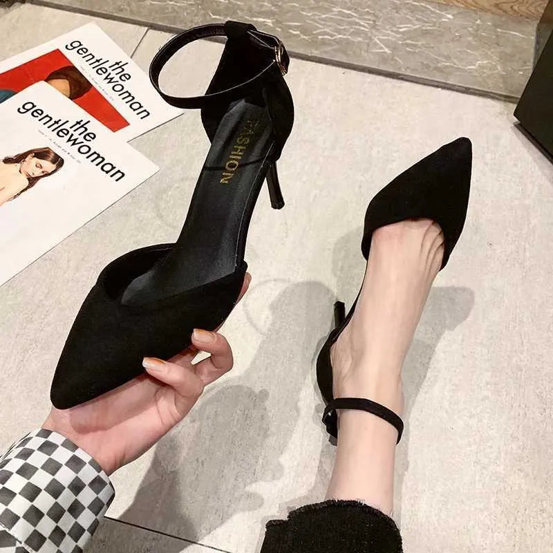 Dress Shoes Spring and Autumn high heel women new versatile thin professional L pointed black buckle strap single shoe H240527